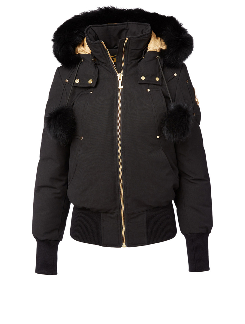 women's black bomber jacket with fur hood