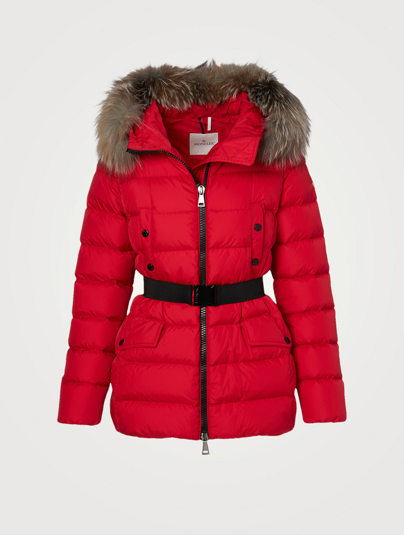 red moncler with fur hood