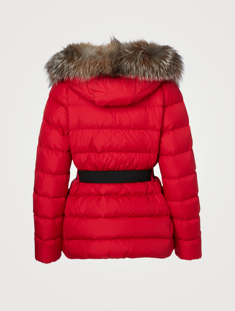 red moncler coat with fur hood