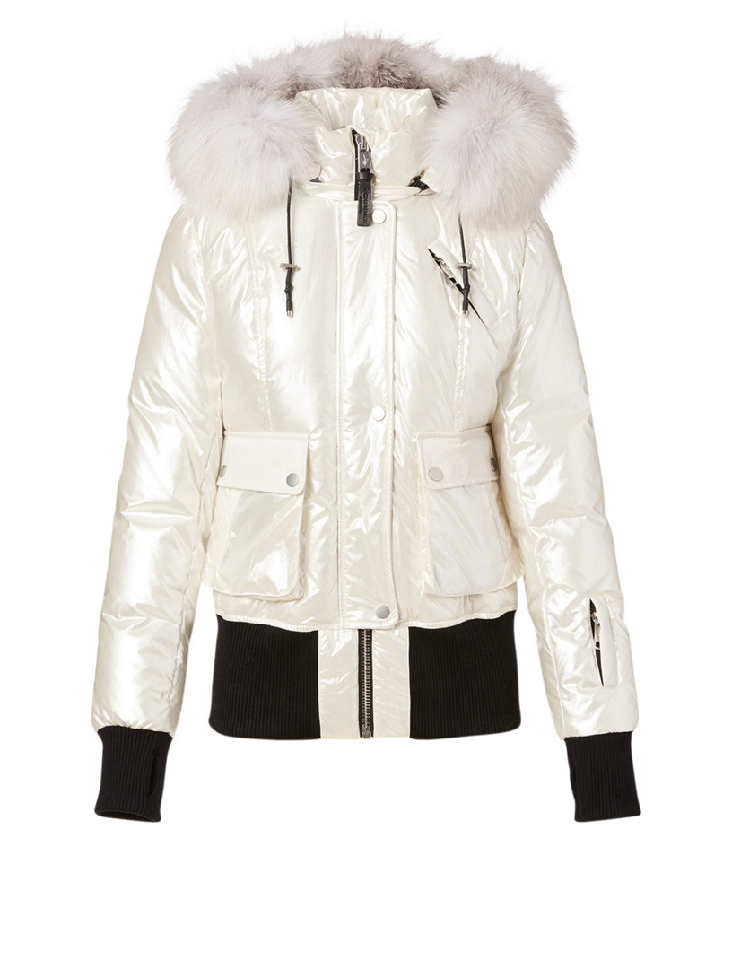 white bomber jacket with fur hood