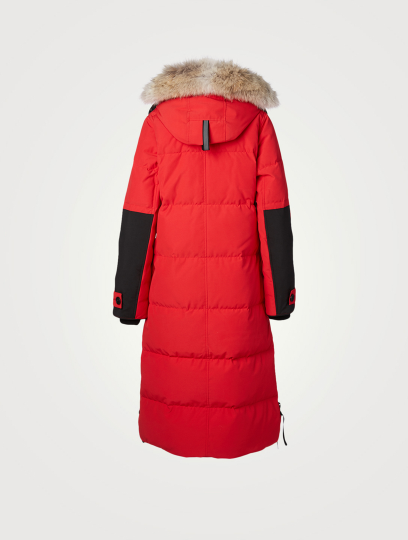 red bubble coat with fur hood