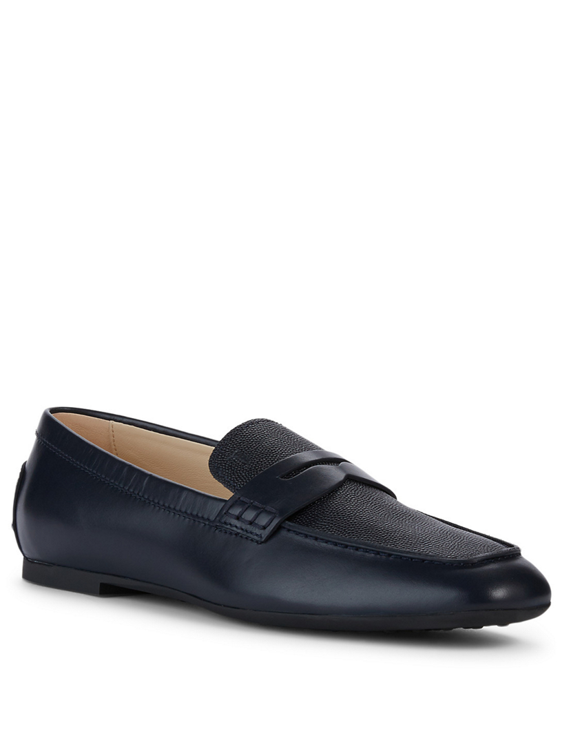 tods blue leather loafers