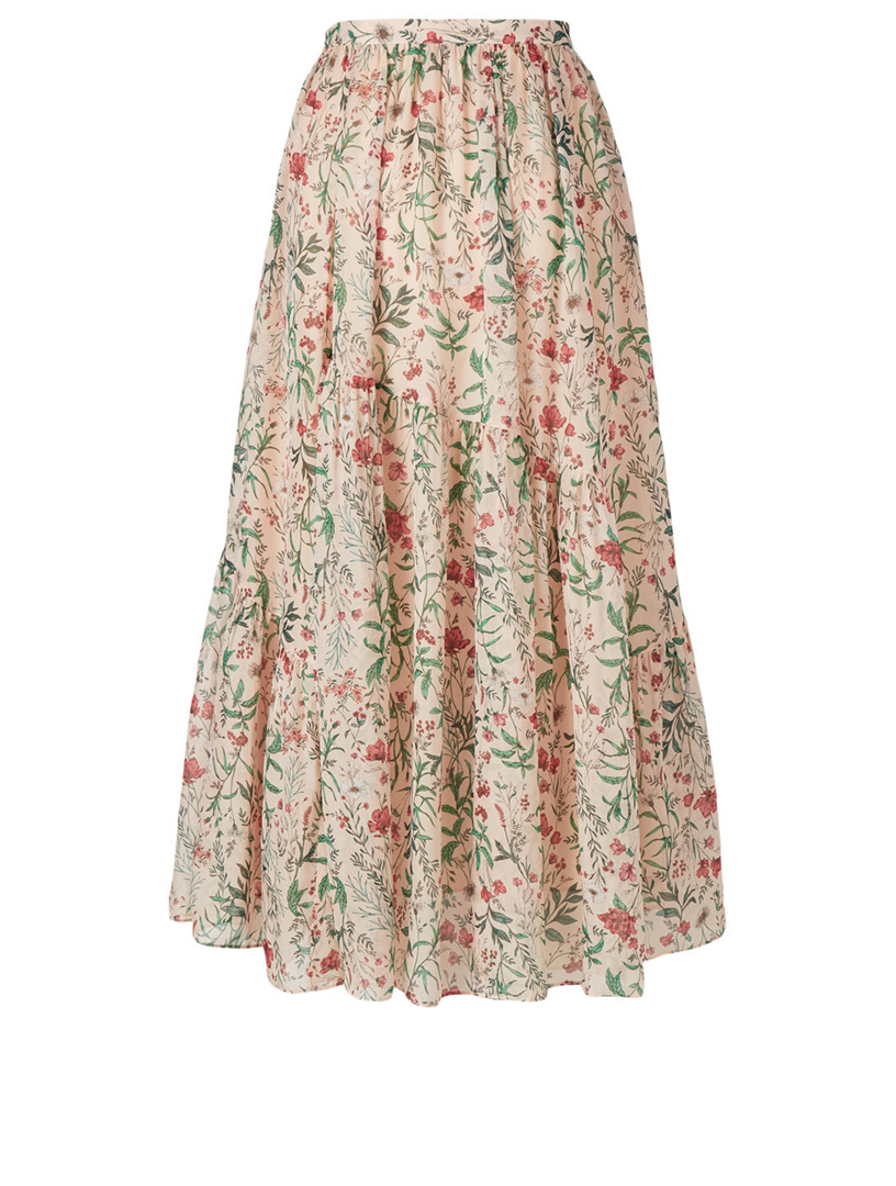 AMUR Genie Silk Tiered Midi Skirt In Floral Print | Holt Renfrew Canada