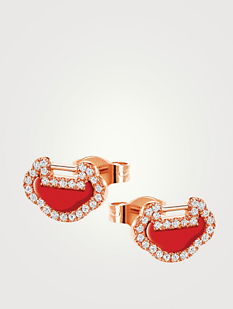 QEELIN Petite Yu Yi 18K Rose Gold Stud Earrings With Red Agate And Diamonds Women's Metallic