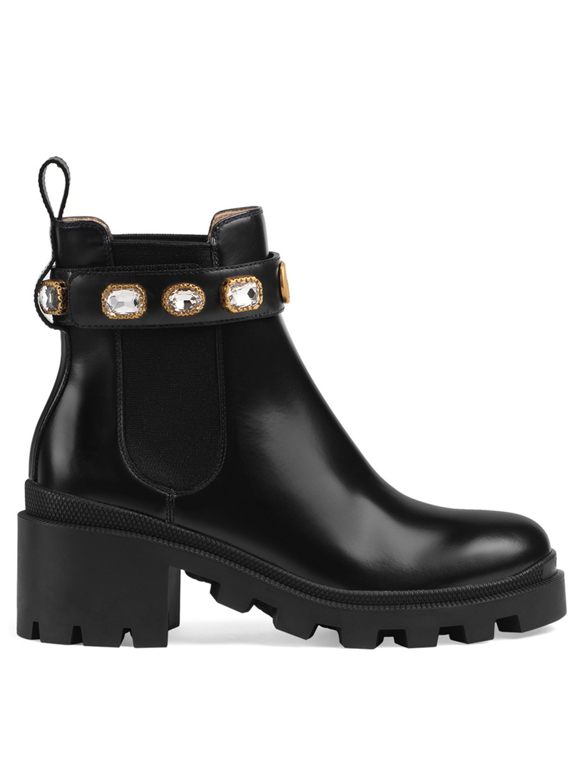 gucci women's trip leather ankle boots with crystal belt