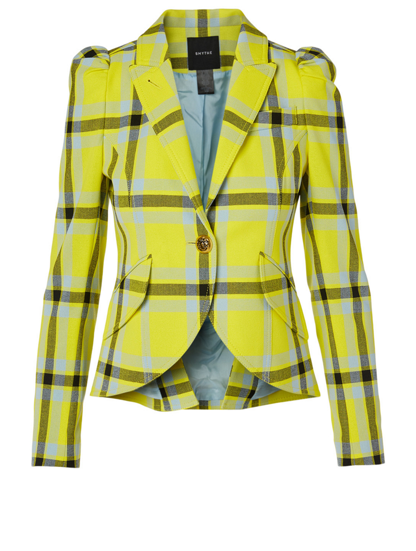 SMYTHE Pouf-Sleeve Blazer In Plaid Print Women's Yellow
