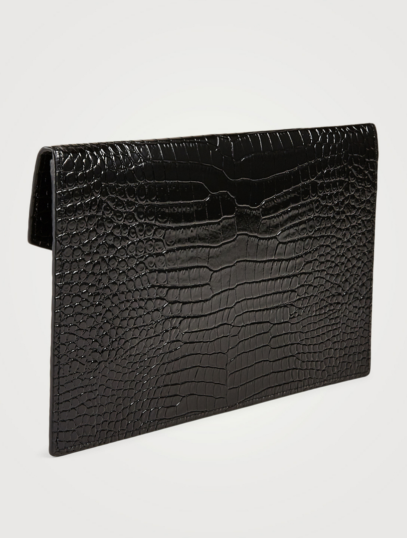 SAINT LAURENT Medium Uptown YSL Monogram CrocEmbossed Leather Envelope