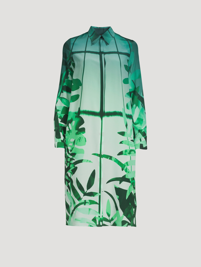 AKRIS Silk Shirt Dress In Leaf Print Women's Green