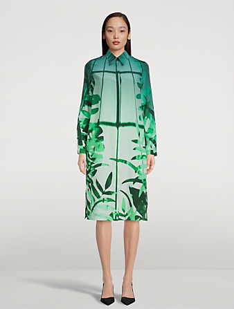 AKRIS Silk Shirt Dress In Leaf Print Women's Green