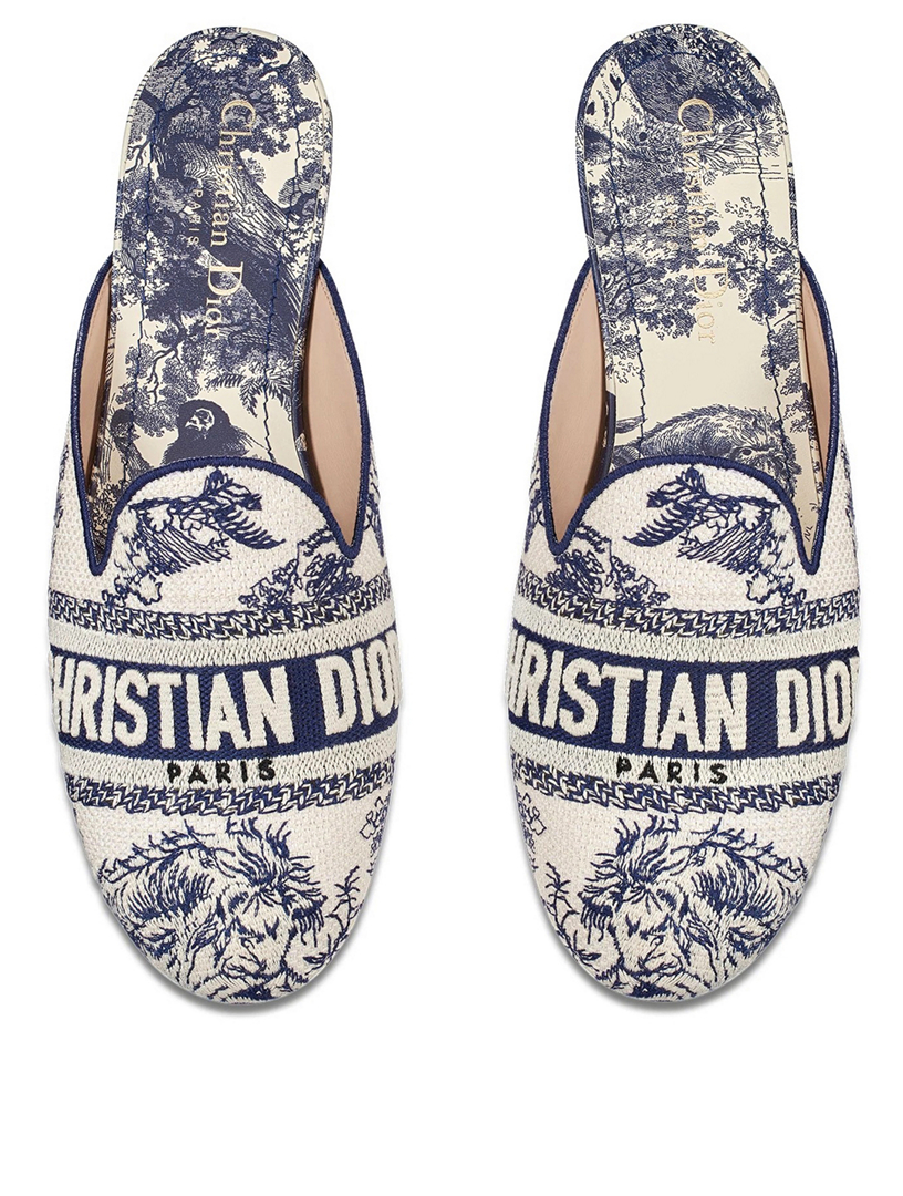 DIOR Dior Off Embroidered Cotton Flat Mules With Toile de Jouy DIOR Dior Off Embroidered Cotton Flat Mules With Toile de Jouy