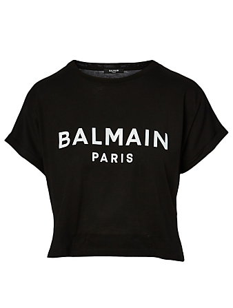 BALMAIN Cotton Cropped T-Shirt With Logo Women's Black