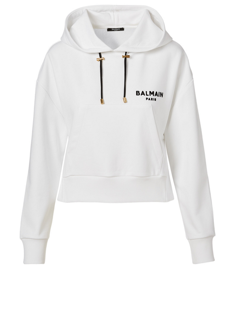 BALMAIN Cotton Flocked Logo Cropped Hoodie | Holt Renfrew Canada