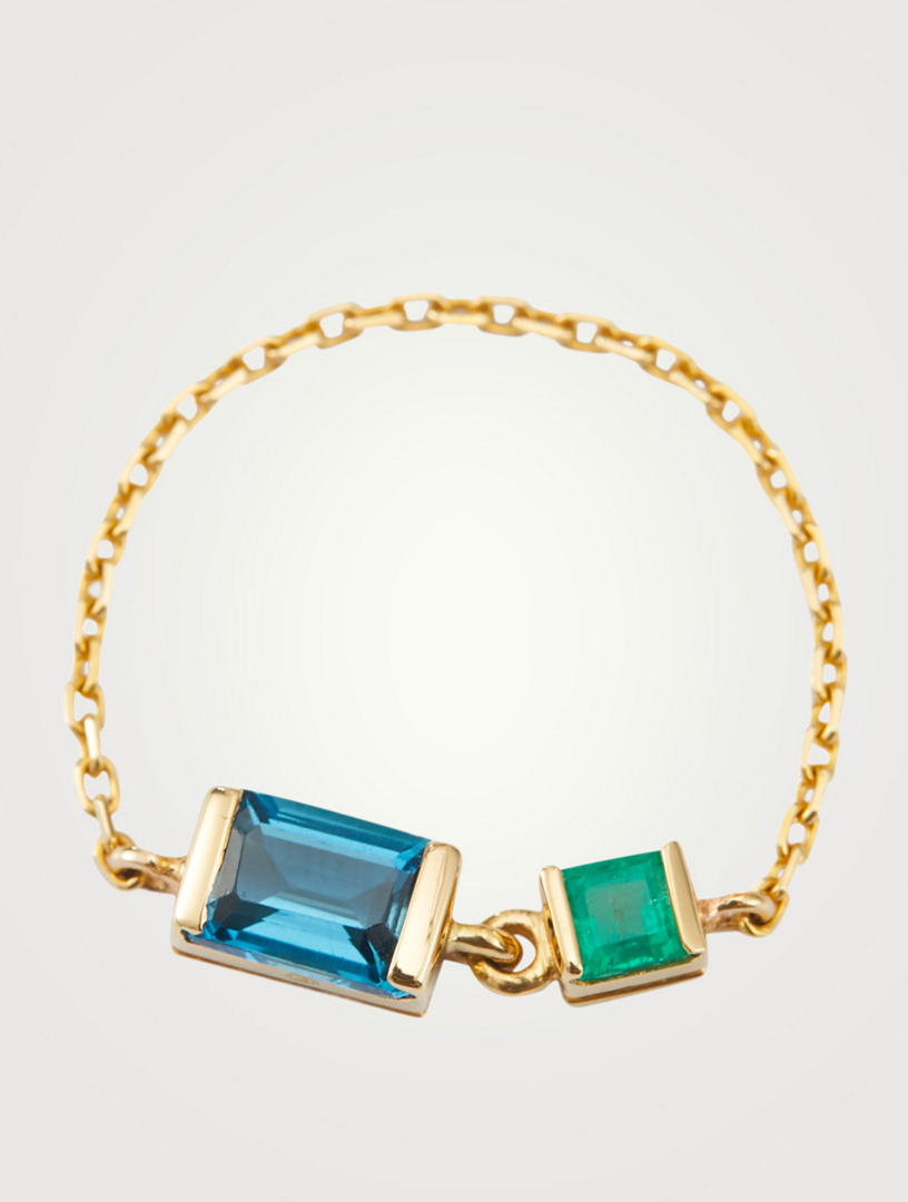 YI COLLECTION 18K Gold Chain Ring With Topaz And Emerald Women's Metallic