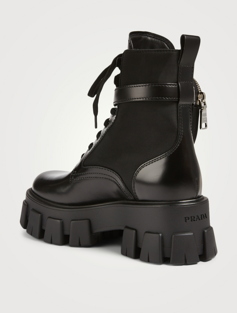 PRADA Monolith Re-Nylon Gabardine And Leather Platform Combat Boots With Logo Pouch  Black