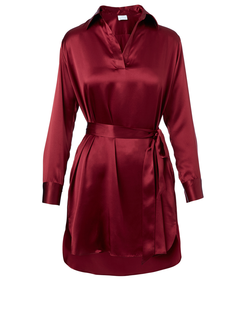 red silk shirt dress