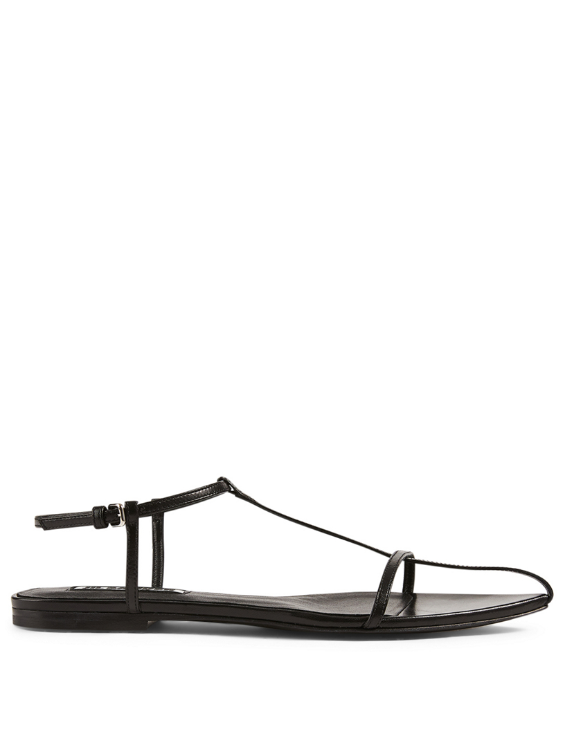black leather t strap sandals