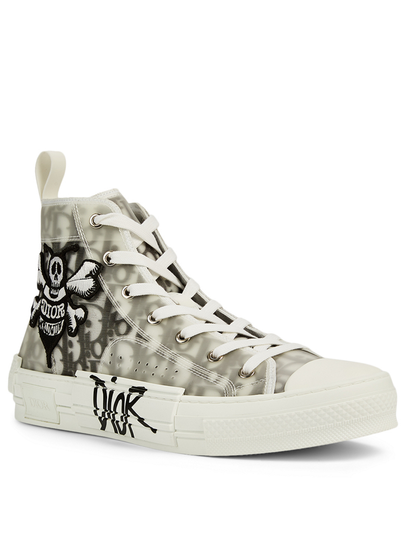 Dior B Dior Oblique Canvas High Top Sneakers With Dior And Shawn Stussy Bee Embroidery Patch