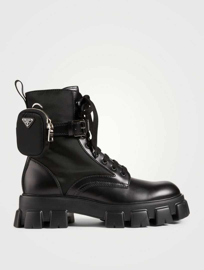 prada leather combat boots with removable nylon pouch