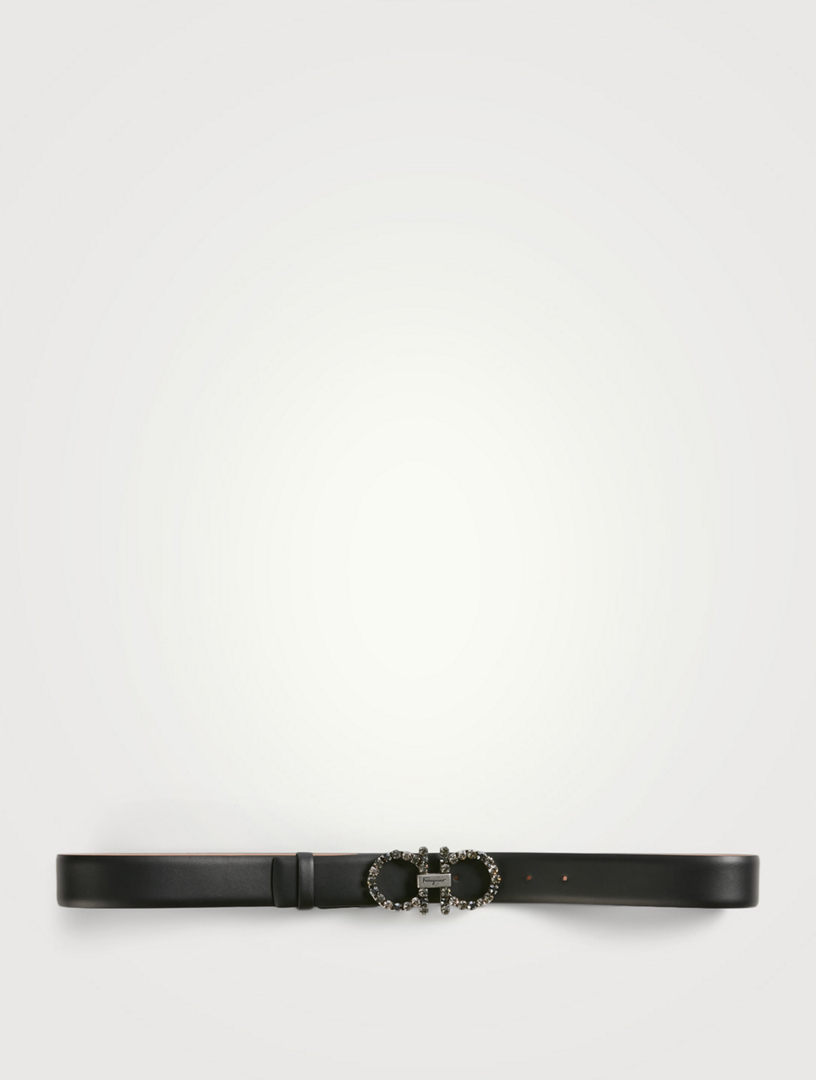 SALVATORE FERRAGAMO Gancini Reversible Leather Belt With Crystals Women's Black