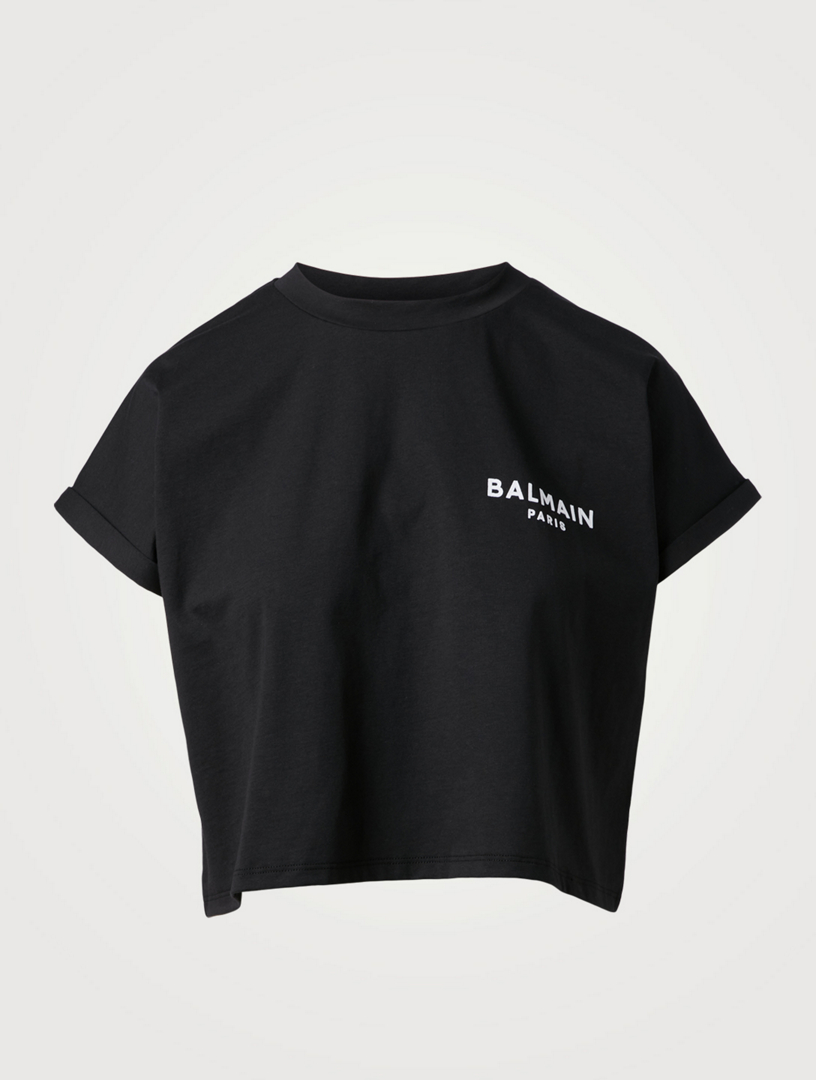 balmain cropped flocked cotton jersey t shirt