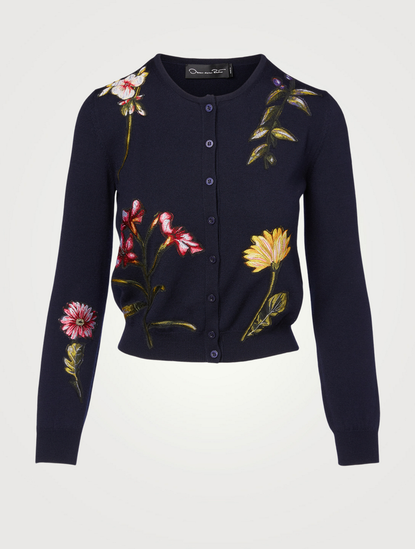 Cardigan Oscar De La Renta Noir à Fleurs Et Franges - Taille L, Manches Longues, Neuf Sans étiquette