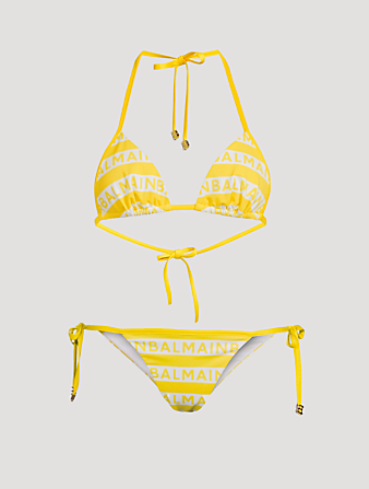 BALMAIN 2-Piece Triangle Bikini Swimsuit In Logo Stripe Print Women's Yellow