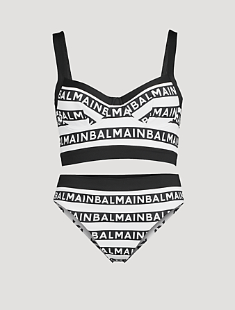 BALMAIN 2-Piece Swimsuit In Logo Stripe Print Women's Multi