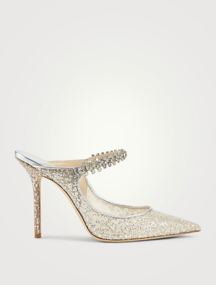 JIMMY CHOO Bing 100 Glitter Tulle Mules With Crystal Strap | Holt ...