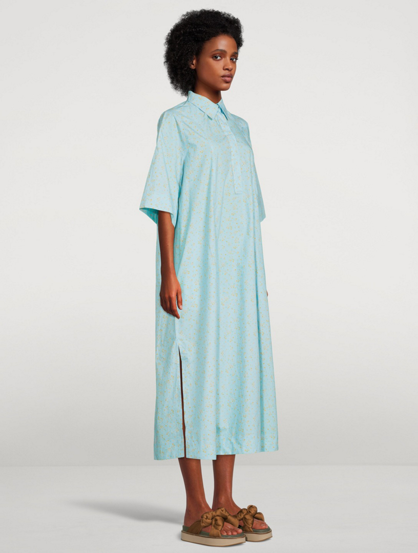GANNI Cotton Poplin Short-Sleeve Long Dress Women's Blue