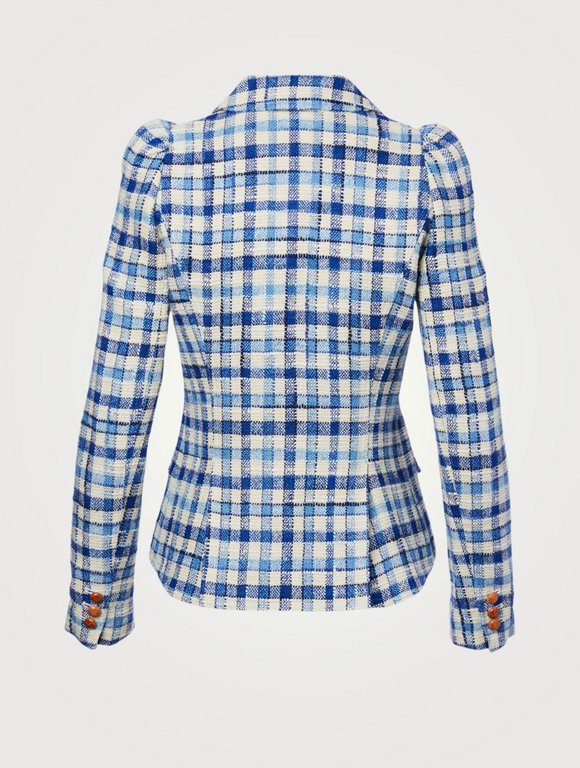 SMYTHE Linen-Blend Pouf-Sleeve Blazer In Check Print | Holt Renfrew Canada