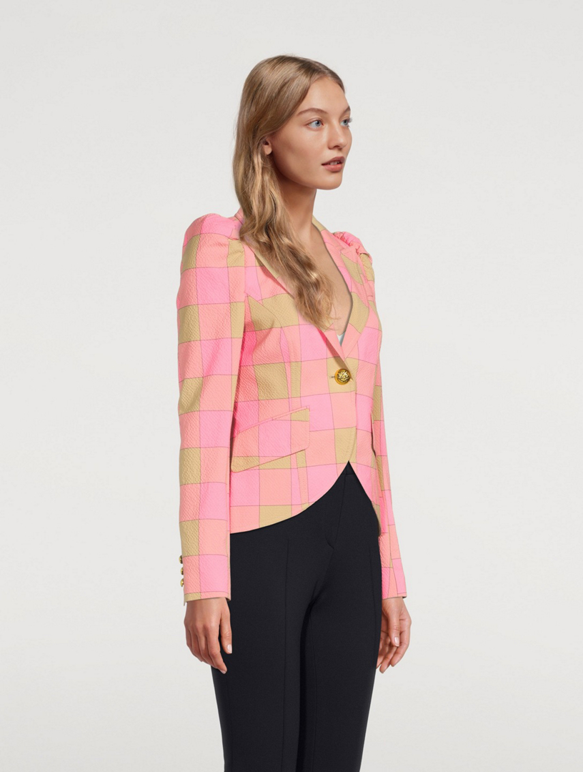SMYTHE Pouf-Sleeve Blazer In Check Print Women's Pink