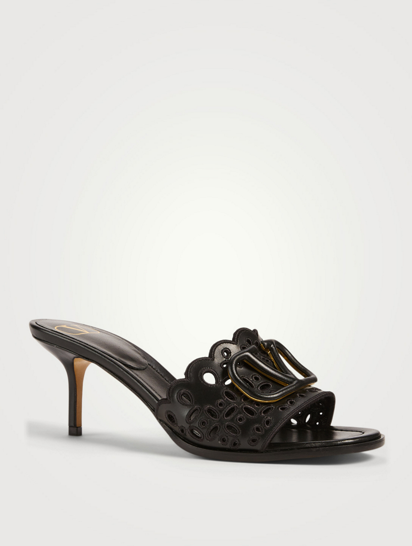 VALENTINO GARAVANI VLOGO Leather Heeled Mule Sandals With San Gallo Embroidery Women's Black