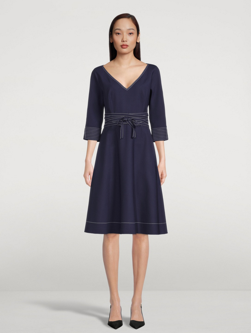 OSCAR DE LA RENTA Wool-Blend V-Neck A-Line Dress Women's Blue
