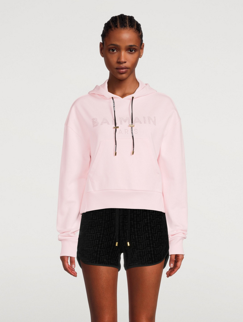 BALMAIN Cropped Hoodie With Rhinestone Logo | Holt Renfrew Canada