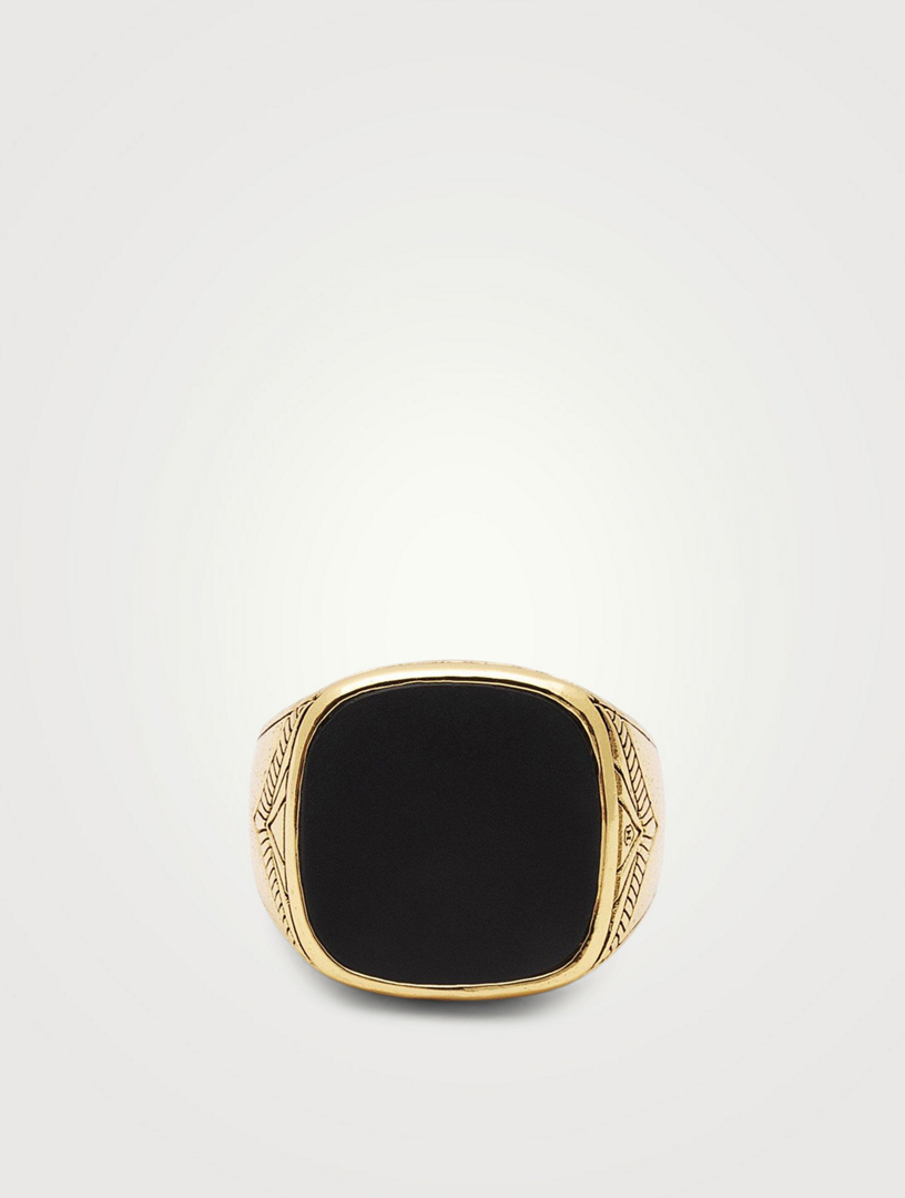 NIALAYA Vintage 18K Gold Plated Signet Ring With Matte Onyx Men's Metallic