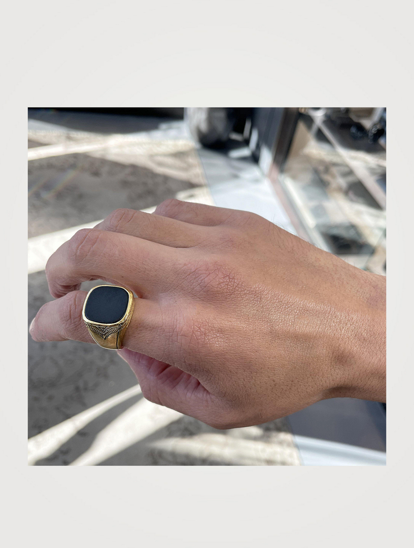 NIALAYA Vintage 18K Gold Plated Signet Ring With Matte Onyx Men's Metallic