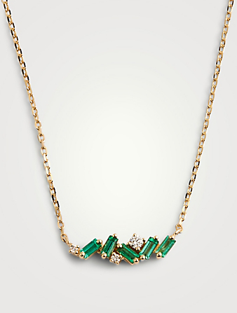 Mini Fireworks 18K Gold Bar Necklace With Emeralds And Diamonds