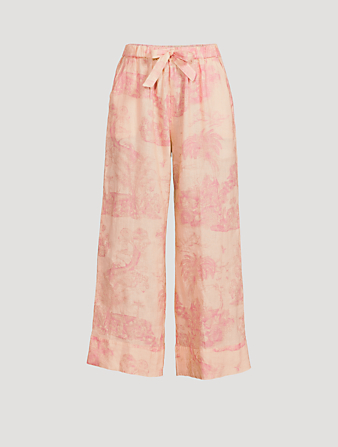 DESMOND & DEMPSEY Linen Wide-Leg Pyjama Pants In Lowland Forest Print Women's Pink