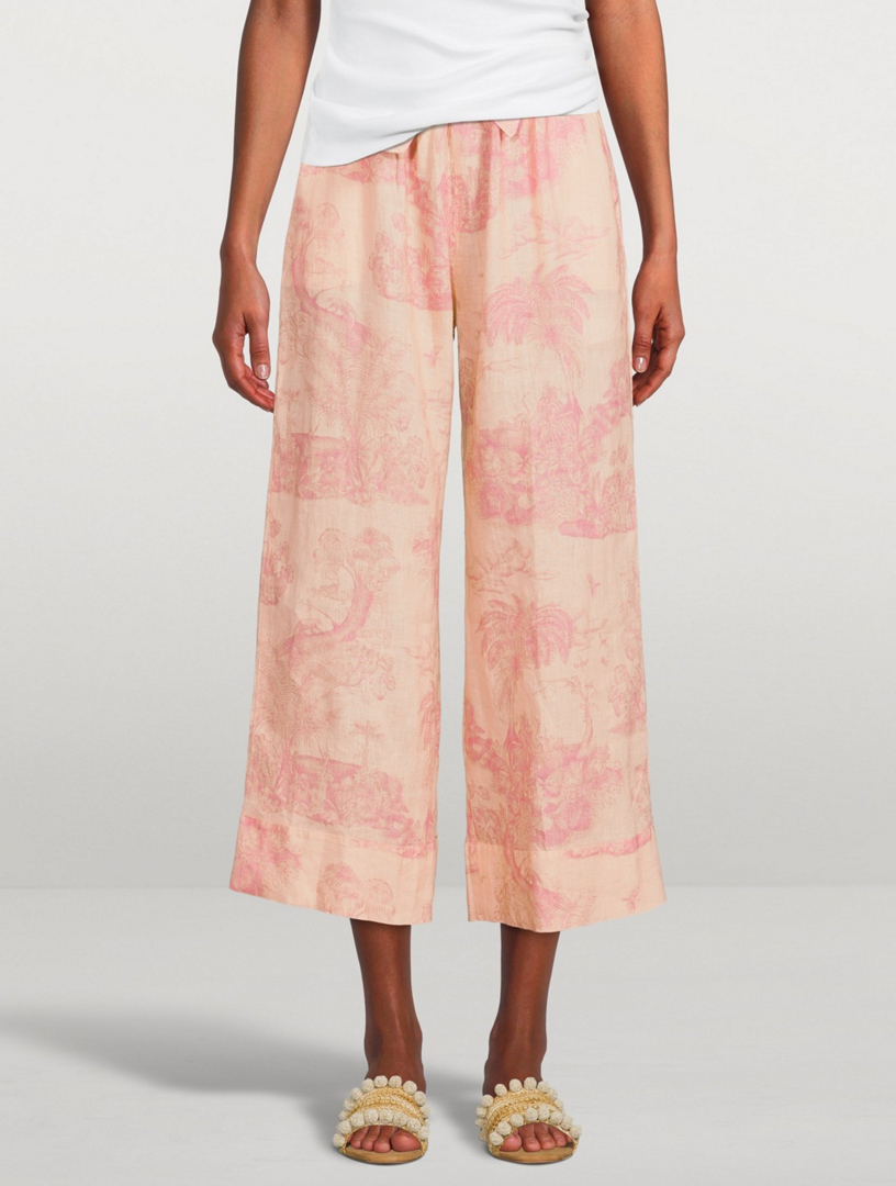 DESMOND & DEMPSEY Linen Wide-Leg Pyjama Pants In Lowland Forest Print Women's Pink