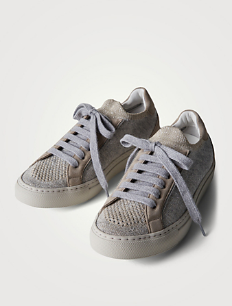BRUNELLO CUCINELLI Sparkling Wool Knit And Suede Sneakers With Monili Trim  Grey