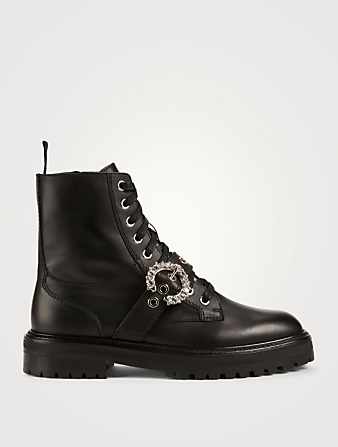 JIMMY CHOO Cora Leather Combat Boots With Crystal Buckle Women's Black