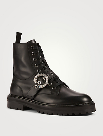 JIMMY CHOO Cora Leather Combat Boots With Crystal Buckle Women's Black