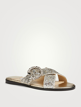 JIMMY CHOO Marle Coarse Glitter Slide Sandals With Crystal Buckle Women's Metallic