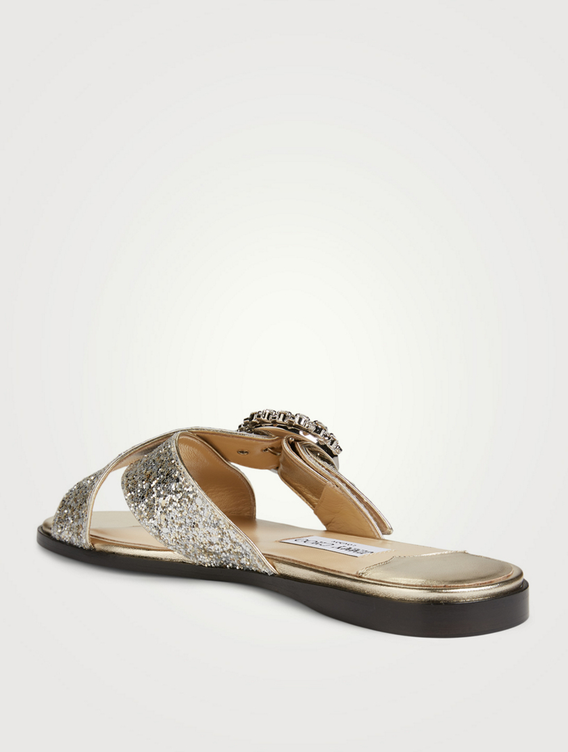 JIMMY CHOO Marle Coarse Glitter Slide Sandals With Crystal Buckle Women's Metallic