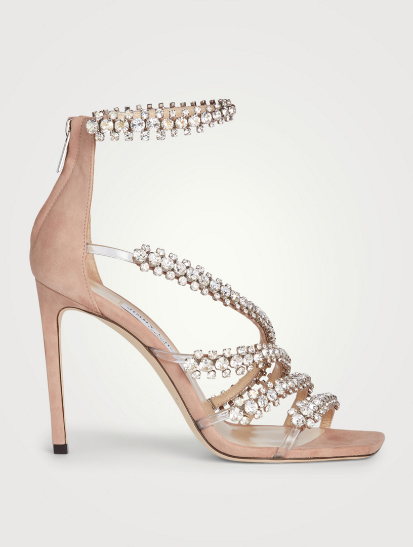JIMMY CHOO Josefine 100 Suede Heeled Sandals With Crystal Straps Women's Neutral
