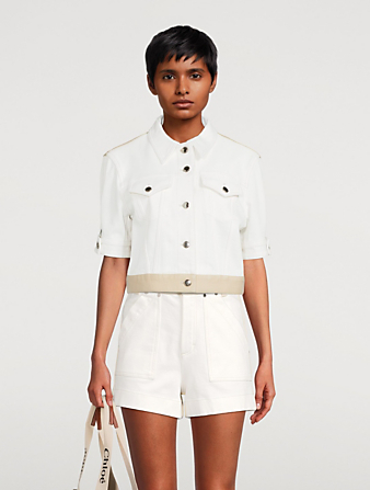 CHLOÉ Short-Sleeve Cropped Denim Jacket Women's White