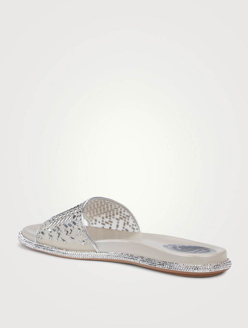 RENE CAOVILLA Crystal Mesh Pool Slide Sandals Women's Metallic