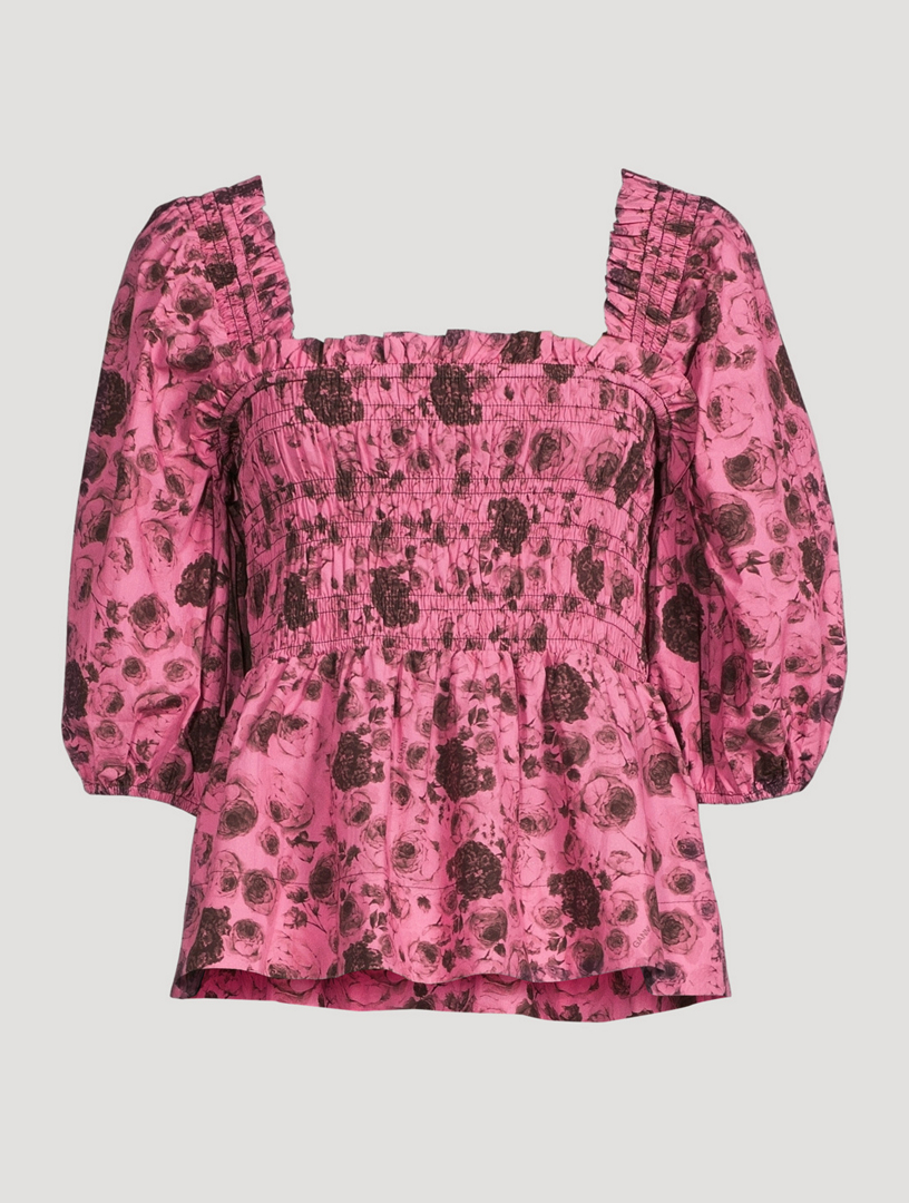 GANNI Printed Poplin Shirred Blouse Women's Pink