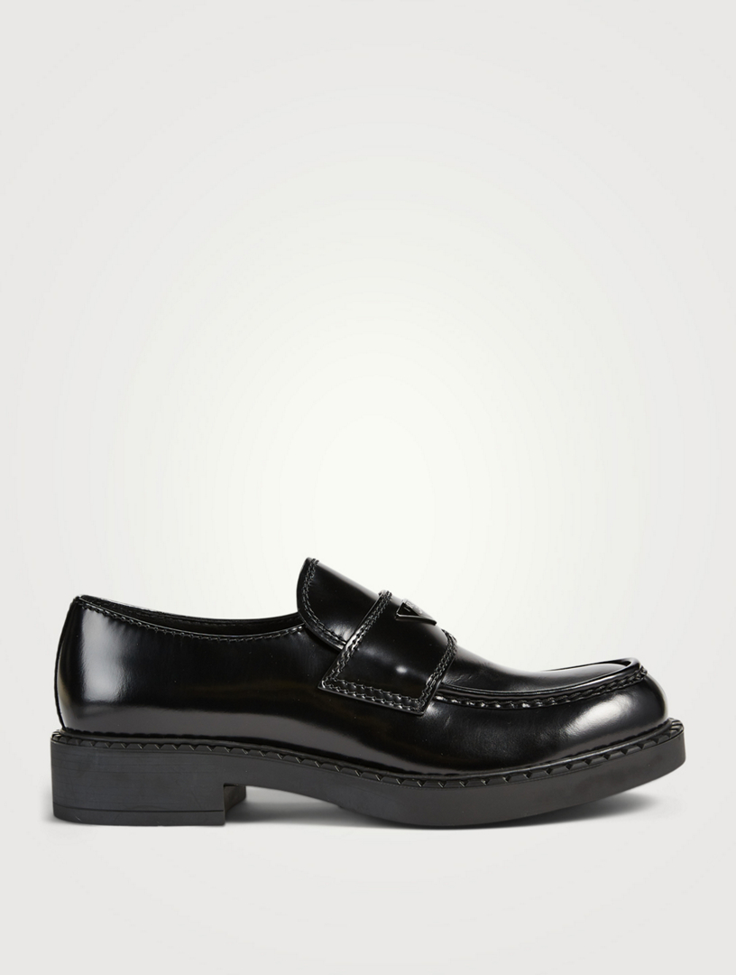 PRADA Chocoloate Leather Loafers With Triangle Logo | Holt Renfrew Canada
