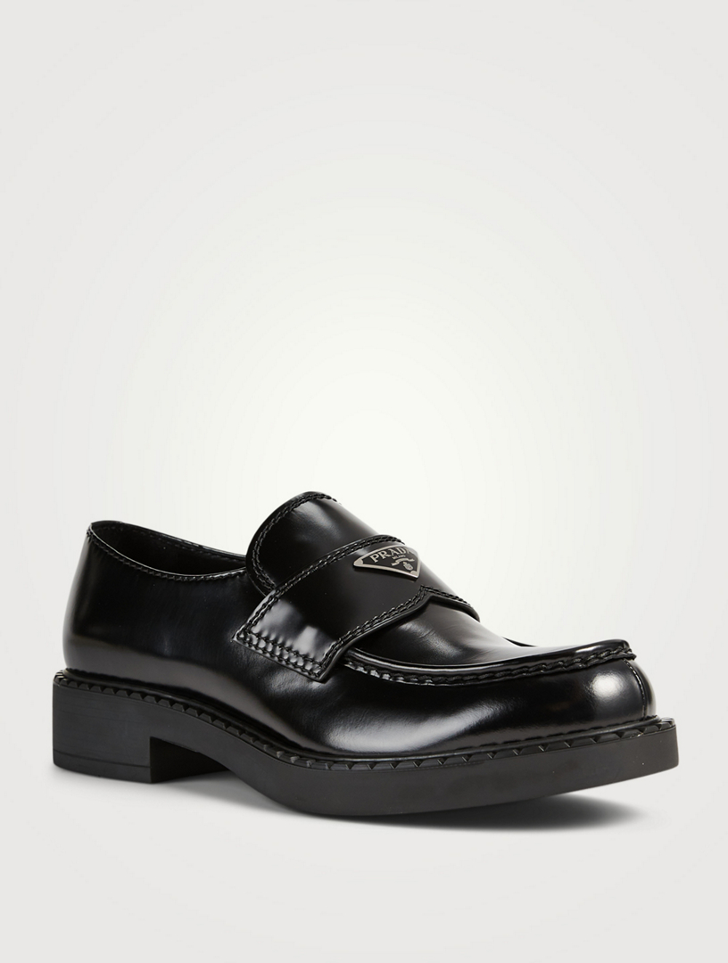 PRADA Chocoloate Leather Loafers With Triangle Logo | Holt Renfrew Canada